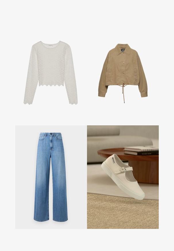 Beige kort jakke med krave, forreste trykknapper, lange ærmer, sidelommer og justerbar snøre i kanten.; Cremefarvet langærmet top med et tekstureret blomsterdesign, cropped style og bølget kant. Lavet af et let, semi-gennemsigtigt materiale.; Lyseblå brede jeans lavet af denim, med høj talje, bælte loops, forlommer og kontraststikninger.; Hvid Mary Jane sneaker med spænde og gummisål, der svæver over beige tekstureret tæppe, træ kaffebord og stabler af bøger i baggrunden.