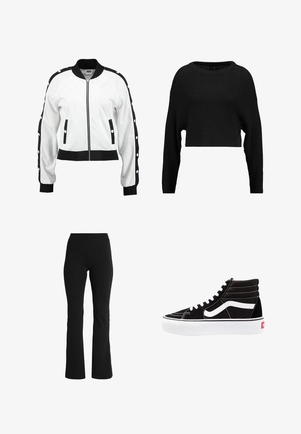 Veste bomber blanche avec des accents noirs, fermeture éclair à l'avant, poignets côtelés et détails à boutons-pression sur les manches. Texture lisse et design court.; Pull en tricot noir court avec une coupe ample, un col large et des manches longues, présentant un motif texturé à côtes sur l'ensemble.; Pantalons évasés noirs en tissu extensible. Dotés d'une taille large et d'une texture lisse, conçus pour épouser étroitement les hanches.; Baskets montantes noires avec des lacets blancs, un logo blanc et des coutures blanches contrastées. Dotées d'une épaisse semelle blanche et d'un dessus en daim texturé.