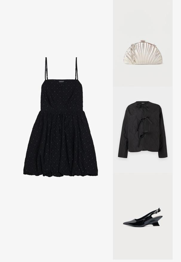 Sort quiltet jakke med lange ærmer og tre frontbundne sløjfer, med et bølget quiltet mønster og rund halsudskæring.; Even&Odd by Zalando Cocktailkjole / festkjole - black; Sort laklæder slingback sko med spids tå og lav vinklet blokhæl på ensartet lys baggrund.; Metallisk sølv clutch-taske formet som en muslingeskal med en sølvkæde hængende på siden.