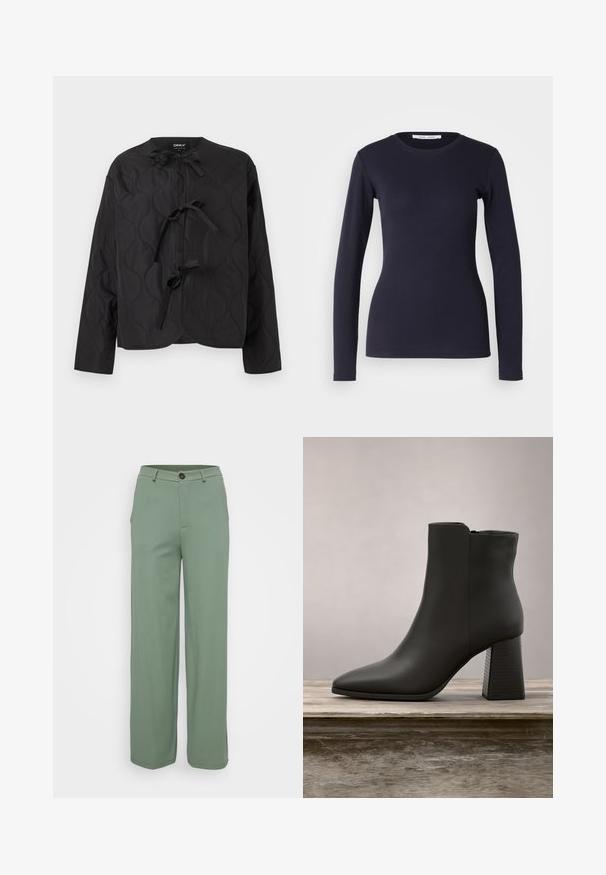 Chaqueta acolchada negra con mangas largas y tres lazos atados al frente, con un patrón de costura ondulado y escote redondo.; Camiseta de manga larga de color navy, confeccionada en algodón suave. Presenta un cuello redondo, forma ajustada y textura acanalada. Diseño simple y de color sólido.; Pantalones de pierna ancha en una tela verde claro con una textura suave. Presenta un cierre de botón en la parte delantera y dos bolsillos laterales.; Botín negro de cuero hasta el tobillo con punta afilada y tacón cuadrado, que presenta una sección texturizada negra y una superficie superior lisa.
