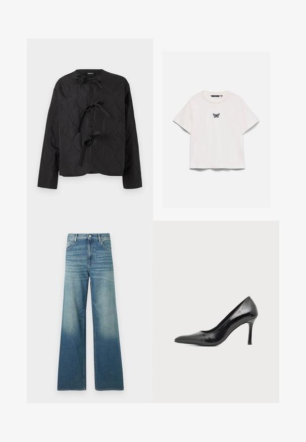 Veste matelassée noire à manches longues avec trois nœuds noués sur le devant, présentant un motif ondulé cousu et un col rond.; T-shirt blanc à manches courtes avec col rond et petit motif papillon violet et noir centré sur la poitrine.; Jean en denim bleu taille haute avec une coupe large, poches avant, fermeture par boutons et détails délavés sur les cuisses et le bas des jambes.; Chaussure à talon haut pour femme en cuir verni noir avec bout pointu et talon fin sur fond clair uni.