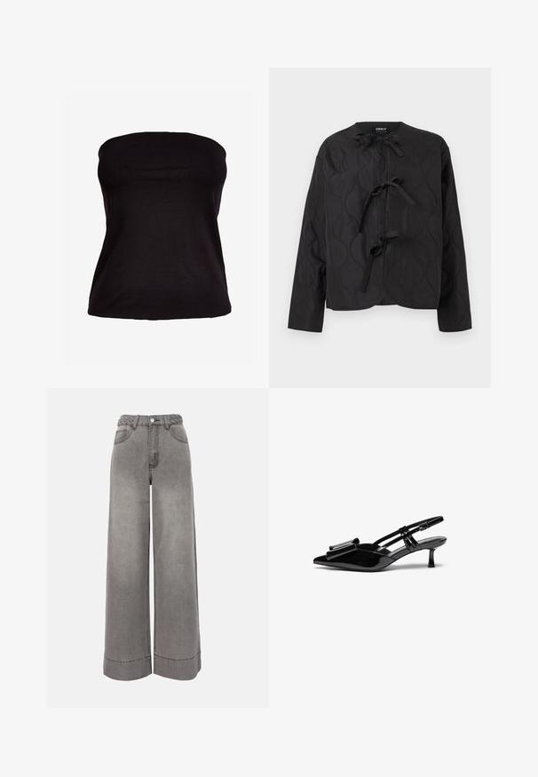 Veste matelassée noire à manches longues avec trois nœuds noués sur le devant, présentant un motif ondulé cousu et un col rond.; Haut noir sans bretelles en tissu extensible. Texture lisse avec une silhouette ajustée, sans coutures visibles ni ornements.; Pantalon large en jean gris taille haute avec ceinture tressée, poches avant, fermeture à boutons et ourlets retroussés.; Talons aiguilles en cuir verni noir avec un bout pointu, un détail en nœud à l'avant et un petit talon stiletto. Les brides sont équipées de boucles ajustables.