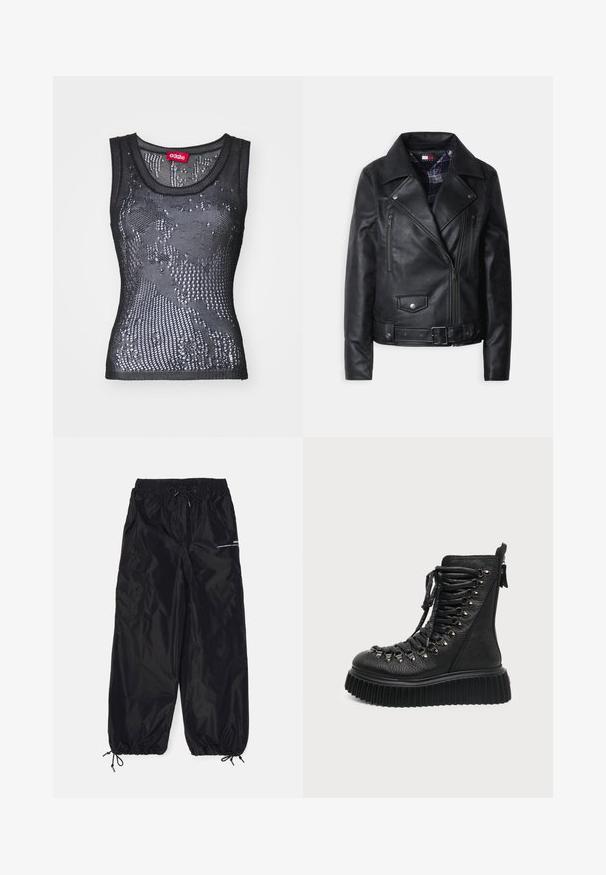Veste de moto en cuir noir avec fermeture éclair sur le devant, deux poches sur la poitrine, boutons pression et doublure à carreaux.; Débardeur en maille noire avec un col rond et un motif de petits trous. L'étiquette intérieure indique "032c". Le matériau semble léger et texturé.; Pantalons cargo noirs en nylon brillant avec une taille élastique, cordon de serrage réglable, poches latérales et poignets élastiques.; Botte plateforme en cuir noir avec semelle épaisse rainurée, plusieurs œillets métalliques, devant matelassé lacé et fermeture éclair à l'arrière.