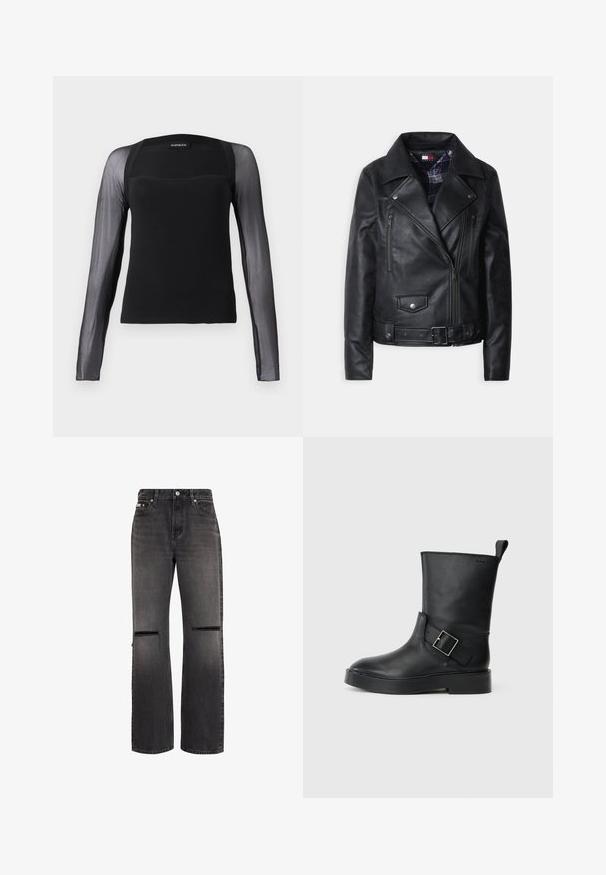 Chaqueta de motociclista de cuero negro con cremallera frontal, dos bolsillos en el pecho, detalles con botones a presión y forro a cuadros.; Top negro de manga larga con un cuerpo sólido y mangas de malla negra transparente. Presenta un escote cuadrado y una textura suave.; Vaqueros negros de pierna recta con cortes horizontales desgastados en ambas rodillas y diseño clásico de cinco bolsillos.; Botín negro de cuero hasta el tobillo con punta redonda, suela plana y un acento de hebilla plateada en el costado. Presenta un tirador en la parte posterior.