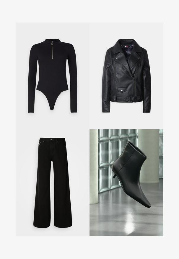 Schwarze Motorradjacke aus Leder mit Reißverschluss vorne, zwei Brusttaschen, Druckknopfbeschlägen und kariertem Futter.; Noisy May NMTONI BODY - Langarmshirt - black; Schwarze weite Jeans aus Denim, mit hoher Taille, klassischem Fünf-Taschen-Design und silberfarbener Knopfverschluss.; Schwarzer Leder-Stiefelette mit spitzer Zehenpartie und niedrigem Kitten-Heel, schräg dargestellt vor einem polierten Boden und einer Glasbausteinwand.