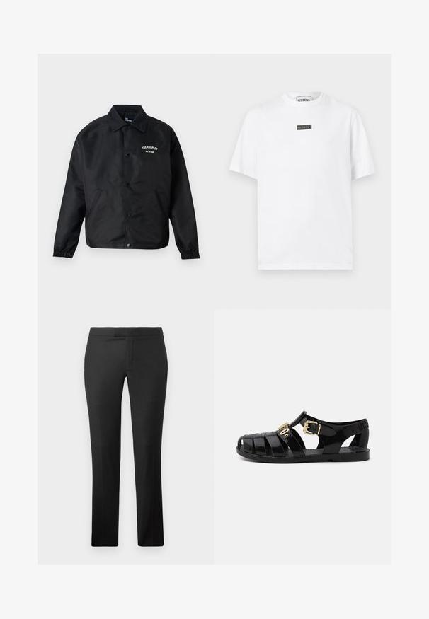 Chaqueta negra tipo coach con botones, manga larga, puños elásticos, bolsillos laterales y texto blanco "THE KOOPLES EST. IN 2008" en el pecho.; Camiseta blanca de algodón con cuello redondo, mangas cortas y un parche rectangular negro con el logo en el pecho. Diseño simple y minimalista.; Pantalones rectos negros hechos de una tela suave, con un diseño de frente plano, sin bolsillos visibles y una cintura limpia.; Sandalias de goma negras con diseño perforado, que cuentan con un cierre de hebilla dorada y una plantilla texturizada. Logo estampado en el talón.