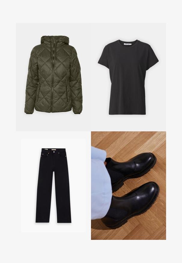 Olivgrüne, voluminöse Jacke mit einem diamantgequilten Muster, Kapuze, Frontreißverschluss und Seitentaschen. Hergestellt aus einem glatten synthetischen Material.; Schwarzes Baumwoll-T-Shirt mit klassischem Rundhalsausschnitt, kurzen Ärmeln und lockerer Passform. Glatte Textur, keine sichtbaren Muster oder Akzente.; Schwarze Denim-Jeans mit geradem Schnitt, fünf Taschen, Kupferbeschlägen und einer glatten Textur. Zwei Etiketten sind am Bund sichtbar.; Schwarze Knöchelstiefel aus glattem Leder mit elastischen Seiteneinsätzen, einer strukturierten Gummisohle und kontrastierenden Nähten entlang der Kante.