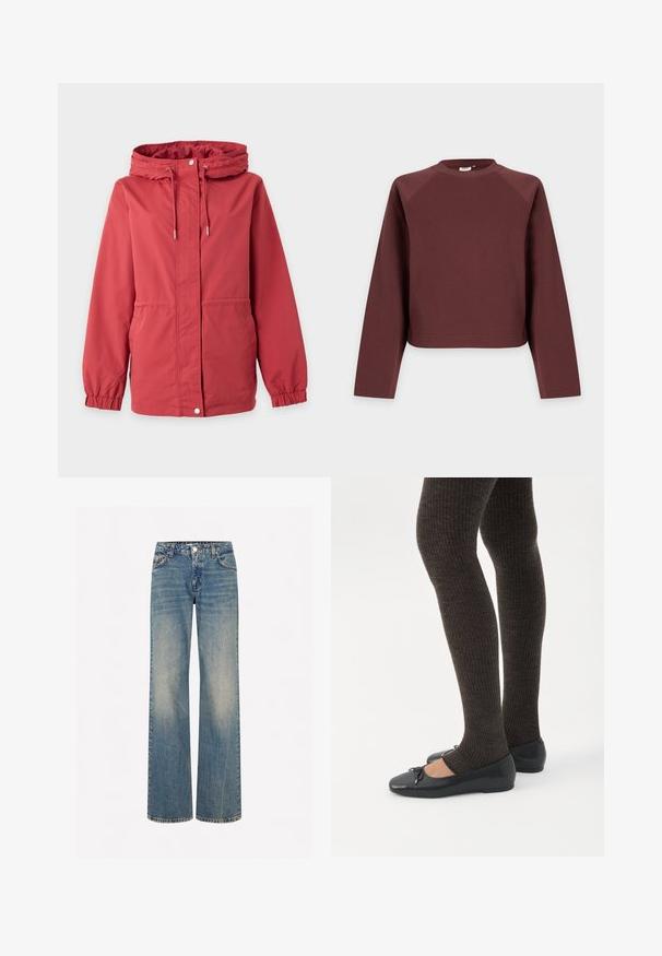 Veste rouge à capuche avec fermeture éclair à l’avant, bouton-pression, cordon de serrage à la capuche, poignets élastiques et poches latérales sur un fond uni.; Sweat-shirt marron uni à manches longues et col rond avec une coupe décontractée, présenté sur un fond gris clair.; Jeans en denim bleu clair à jambes larges avec une texture délavée, cinq poches, une fermeture à bouton et des coutures contrastées le long des coutures.; Jambes portant des leggings côtelés foncés associés à des ballerines noires avec de petits détails en nœud sur fond blanc.