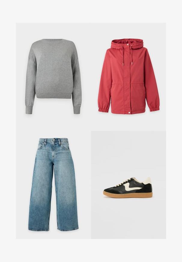 Veste rouge à capuche avec fermeture éclair à l’avant, bouton-pression, cordon de serrage à la capuche, poignets élastiques et poches latérales sur un fond uni.; Pull en tricot gris clair à manches longues, col rond côtelé, poignets et ourlet côtelés, présenté sur un fond blanc.; Jean en denim bleu clair taille haute à jambe large, cinq poches, passants de ceinture et braguette à boutons, présenté sur un fond uni.; Baskets en daim et cuir noir avec un swoosh latéral crème et un talon crème clair. Dotées de lacets beige et d'une semelle en caoutchouc gomme.