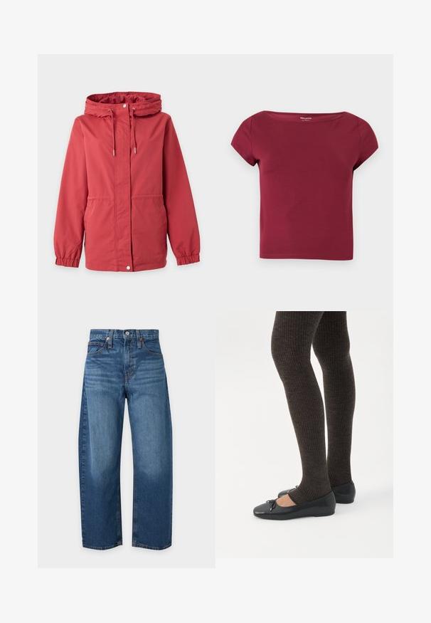 Veste rouge à capuche avec fermeture éclair à l’avant, bouton-pression, cordon de serrage à la capuche, poignets élastiques et poches latérales sur un fond uni.; Haut court à manches courtes, de couleur bordeaux unie, avec un large décolleté et un tissu lisse, présenté sur un fond clair uni.; Jean bleu taille haute à jambes droites avec poches avant et arrière, fermeture par boutons et passants de ceinture sur fond clair.; Jambes portant des leggings côtelés foncés associés à des ballerines noires avec de petits détails en nœud sur fond blanc.