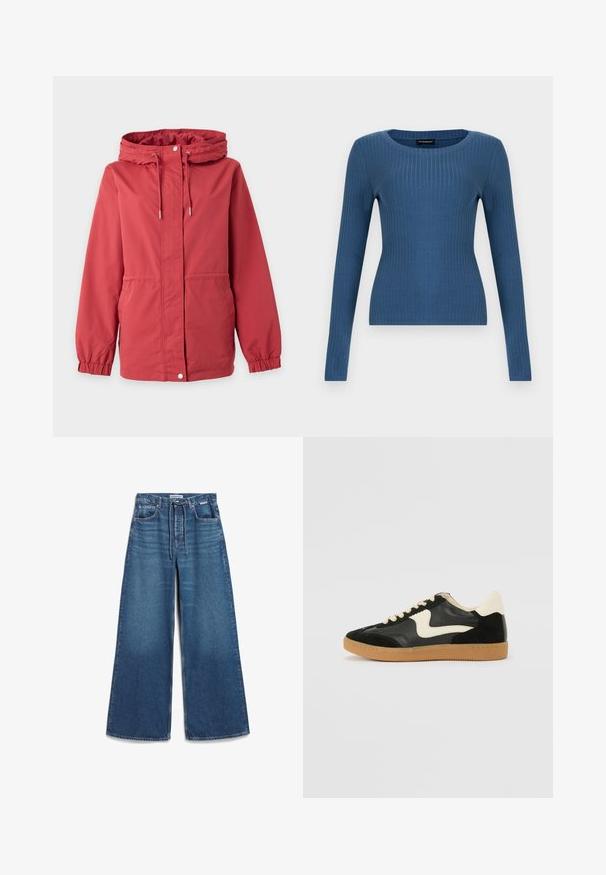Rood capuchonjack met voorrits, drukknopen, trekkoord in de capuchon, elastische manchetten en zijzakken op een effen achtergrond.; Blauw geribd nauwsluitend shirt met lange mouwen en een ronde halslijn op een effen witte achtergrond.; Brede blauwe denim broek met een hoge taille, trekkoordsluiting en subtiele vervaging. Gemaakt van stevig denim met een klassiek vijf-pocket ontwerp.; Zwarte suède en leren sneaker met een crèmekleurige zij-swoosh en lichte crèmekleurige hiel. Voorzien van beige veters en een gumrubberen zool.