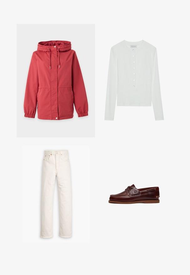 Rote Kapuzenjacke mit Frontreißverschluss, Druckknöpfen, Kordelzug an der Kapuze, elastischen Bündchen und Seitentaschen auf einfarbigem Hintergrund.; Weißes Langarmoberteil aus geripptem Stoff, mit einem runden Ausschnitt und einer Knopfleiste mit sechs transparenten Knöpfen.; Weiße Denim-Jeans mit geradem Bein, im Fünf-Taschen-Stil und mit kupferfarbenen Hardware-Details. Rohschnitt an den Knöcheln.; Brauner Leder-Bootsschuh mit Schnürsenkeln, Nahtdetails und Timberland-Logo an der Seite, auf weißem Hintergrund gezeigt.