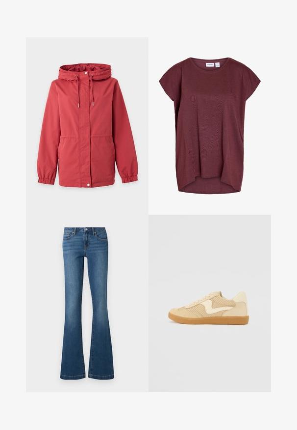 Veste rouge à capuche avec fermeture éclair à l’avant, bouton-pression, cordon de serrage à la capuche, poignets élastiques et poches latérales sur un fond uni.; Top manches courtes, coupe ample, de couleur rouge foncé avec un col rond et un ourlet arrière légèrement plus long.; Jean en denim bleu avec une taille haute, bouton et fermeture éclair à l'avant, style cinq poches, jambes évasées sur fond uni.; Sneaker beige avec des matériaux en daim et en maille, forme arrondie, col rembourré proéminent et semelle en caoutchouc gomme. Présente un accent de design en forme de vague.