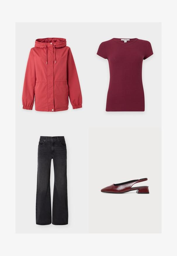 Veste rouge à capuche avec fermeture éclair à l’avant, bouton-pression, cordon de serrage à la capuche, poignets élastiques et poches latérales sur un fond uni.; Haut violet côtelé à manches courtes avec encolure ronde, silhouette ajustée et texture unie, présenté sur un fond uni.; Jean noir taille haute à jambes larges avec bouton avant, fermeture éclair, passants de ceinture et style cinq poches sur un fond uni.; Chaussure slingback en cuir marron avec bout pointu et petit talon carré, vue de profil sur fond clair uni.