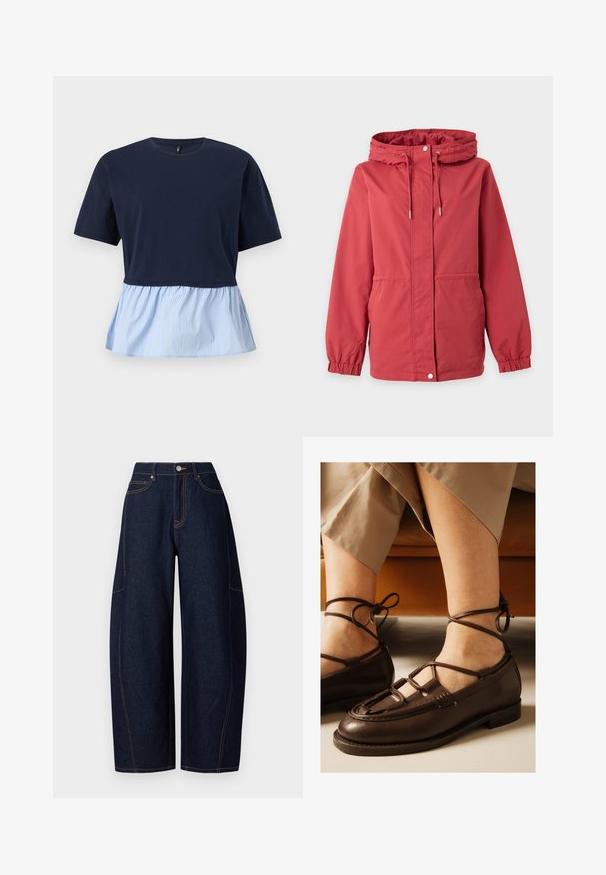 Veste rouge à capuche avec fermeture éclair à l’avant, bouton-pression, cordon de serrage à la capuche, poignets élastiques et poches latérales sur un fond uni.; Haut à manches courtes bleu marine avec col rond et ourlet basque attaché à rayures verticales bleu clair et blanc.; Pantalons en denim bleu foncé à jambes larges avec des coutures orange contrastantes, cinq poches, et une fermeture à bouton et fermeture éclair à la taille.; Pieds portant des chaussures plates en cuir marron à lacets avec des lacets enroulés autour des chevilles, pantalons beiges courts, assis sur un canapé marron.