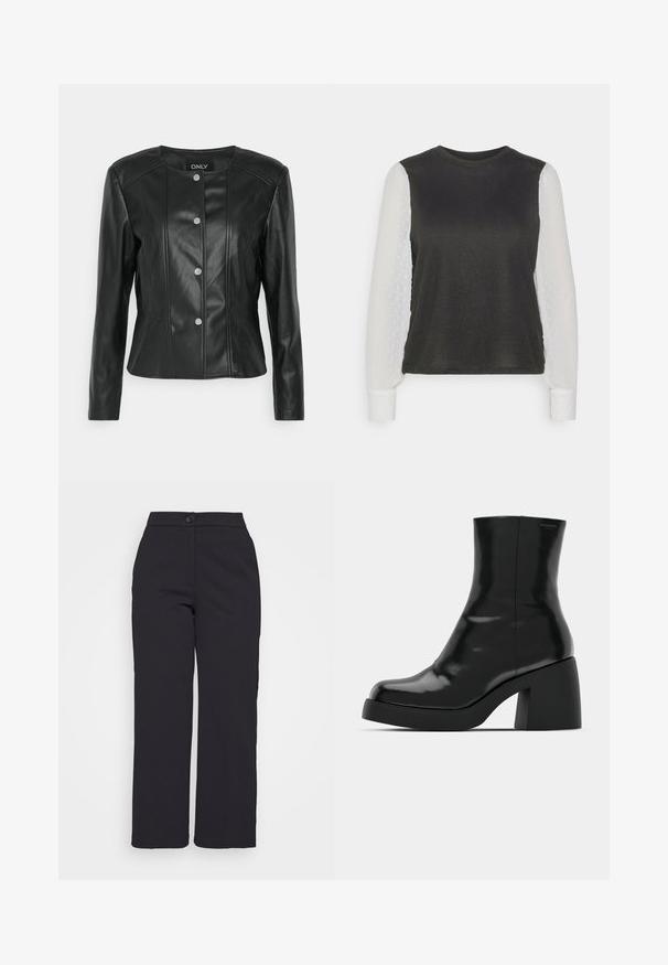 ONLY Petite ONLSARA JACKET - Μπουφάν από συνθετικό δέρμα - black; ONLY Petite ONLAISSHA - Πουλόβερ - black/cloud dancer; Μαύρο παντελόνι με φαρδιά πόδια, κατασκευασμένο από απαλό ύφασμα, με κουμπί κλεισίματος και καθαρό, ραμμένο σχέδιο χωρίς εμφανείς τσέπες.; Μαύρες μπότες μέχρι τον αστράγαλο με γυαλιστερό φινίρισμα, τετράγωνη μύτη και χοντρό τακούνι. Ο σχεδιασμός περιλαμβάνει μια χωρίς ραφές σιλουέτα και ελάχιστη επωνυμία.