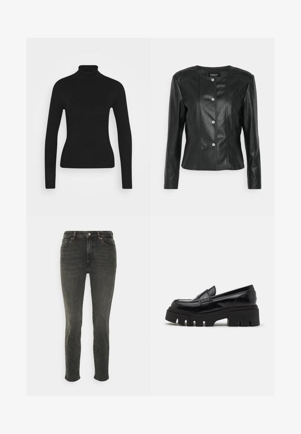 ONLY Petite ONLSARA JACKET - Chaqueta de cuero sintético - black; Suéter negro de cuello alto con mangas largas, hecho de una tela de punto suave. Presenta un diseño ajustado y un cuello acanalado.; Jeans de mezclilla negra con un diseño ajustado, estilo de cinco bolsillos y remaches de cobre. Presentan un acabado ligeramente desgastado y piernas rectas.; Mocasines de cuero negro con una suela de plataforma gruesa y texturizada, y una correa decorativa en la parte superior. Acabado liso y brillante.