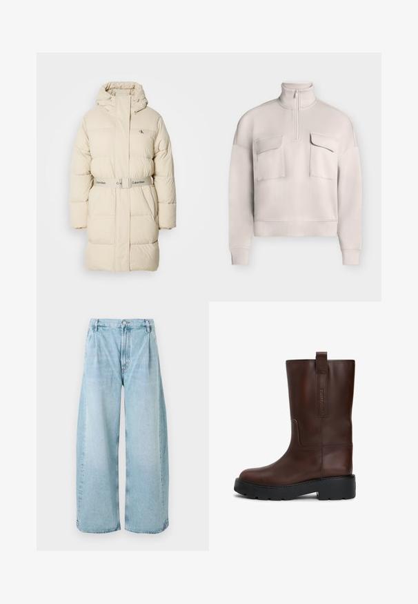 Vaalean beige untuvatakki, jossa on korkea kaulus, säädettävä huppu ja vyöllinen vyötärö. Ominaisuuksiin kuuluu tikattu pintakuvio ja huomaamaton logo rinnassa.; Vaaleanbeige pitkähihaisen pusero, jossa on korkea kaulus, etuosassa neljännesvetoketju ja kaksi suurta läppätaskua rinnalla.; Vaaleansiniset, leveälahkeiset farkut, joissa on laskokset edessä, napitus ja suorat lahkeet, ja niissä on kauttaaltaan haalistunut pinta.; Ruske nahke čevlje s zaobljenim nosom, debelim črnim podplatom in zanka na hrbtni strani. Na strani so subtilni detajli logotipa.