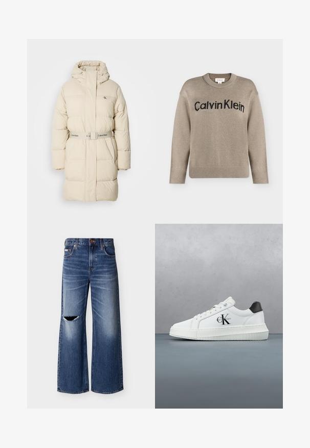 Lys beige pufferjakke med høj krave, justerbar hætte og bælte i taljen. Har en quiltet tekstur og et diskret logo på brystet.; Beige strikket langærmet sweater med ribstrikkede manchetter og kant, med "Calvin Klein"-logo i sort over brystet.; Blå vidbenede denimjeans med en falmet vask og et revnet hul på venstre lår, med forlommer og knaplukning.; Hvide lavtoppede sneakers med sort hælkænke, platformssål, snørebånd og Calvin Klein "CK" logo på siden.