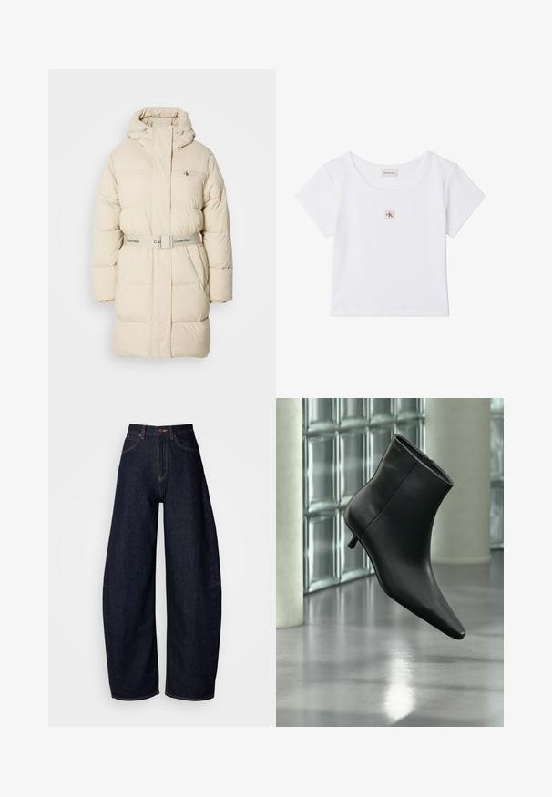 Abrigo acolchado color beige claro con cuello alto, capucha ajustable y cintura ceñida. Presenta una textura acolchada y un logotipo discreto en el pecho.; Top corto blanco de manga corta con cuello redondo y pequeña etiqueta cuadrada con el logo de Calvin Klein Jeans en el centro delantero.; Jeans de denim de color azul oscuro, de pierna ancha, con una cintura alta, corte recto, diseño de cinco bolsillos y costuras en contraste.; Botín negro de cuero con punta puntiaguda y tacón bajo estilo kitten, mostrado en ángulo sobre un suelo pulido y con una pared de bloques de vidrio de fondo.