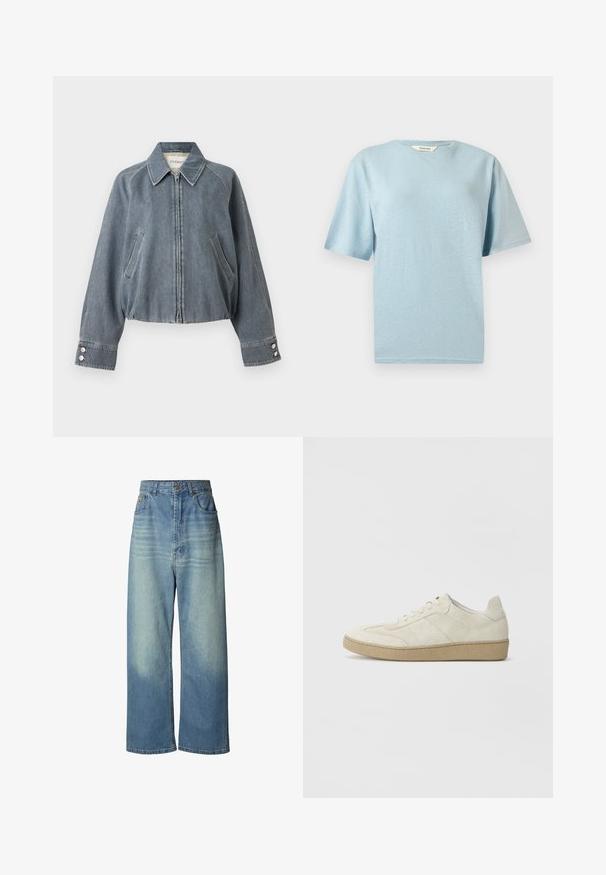Grå kort denimjakke med lynlås foran, to skrå sidelommer, spids krave og manchetter med knapper.; Lyseblå kortærmet t-shirt med rund hals og glat tekstur, vist på en neutral grå baggrund.; Vidbenede jeans i lyseblå denim. Har en høj talje, to forlommer, subtil falmning på lårene og en lige kant.; Beige ruskind sneakers med et struktureret design, flad gummisål og karakteristisk sidesyning. Rund tå og polstret krave.