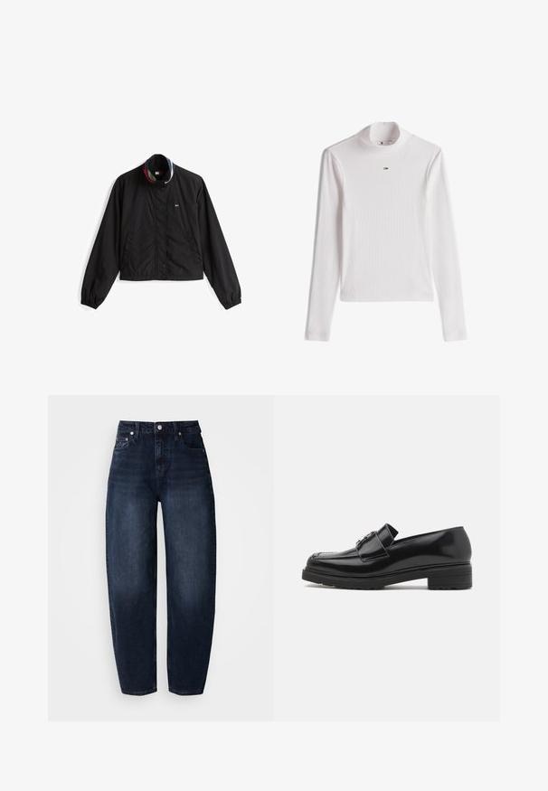 Sort letvægtsjakke med krave, der har rød, hvid og blå striber; har knaplukning og to sidelommer.; Hvid ribbet langærmet rullekrave med en lille Tommy Hilfiger-logo centreret under kraven.; Mørkeblå denimjeans med løs pasform, med høj talje, lige ben og klassisk fem-lomme design.; Sorte lakerede loafers med lav blokhæl, syet tå og metalspænde detaljer på oversiden, vist i sideprofil på hvid baggrund.