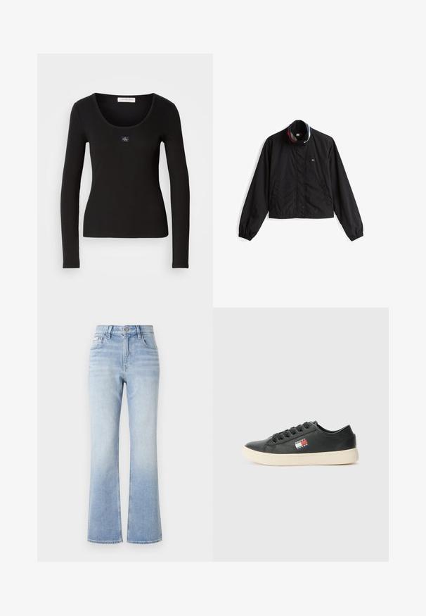 Sort letvægtsjakke med krave, der har rød, hvid og blå striber; har knaplukning og to sidelommer.; Sort langærmet ribbet top med rund halsudskæring, der har et lille, kvadratisk Calvin Klein-logo som accent på brystet. Blød tekstur.; Lyseblå denim flared jeans med høj talje, kontrasterende syninger, forlommer og en subtil faldefarve mod kanten.; Sorte læder sneakers har en hvid gummisål og et side-logo patch med røde og blå accenter. Klassisk snørelukning med rund tå.