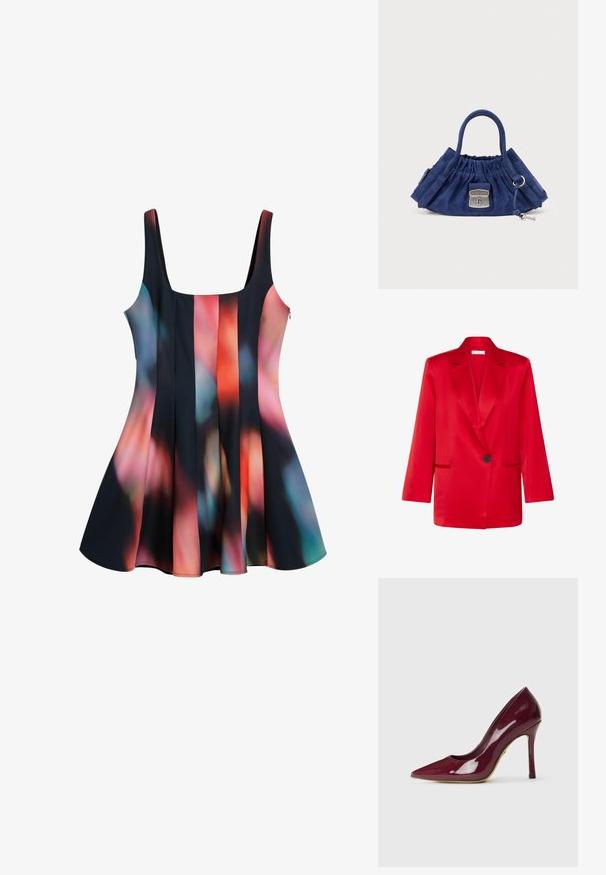 Rød satin blazer med et klapkrave, en enkelt sort knap og to frontlommer; struktureret, let oversized silhuet.; Sort kjole med farverigt abstrakt mønster i nuancer af rød, blå og pink. Udsvinget kant, rund halsudskæring og justerbare stropper.; Bourgogne laklæder høje hæle med spids tå, slank stilet-hæl og glat, blank overflade. Klassisk design med minimale detaljer.; Mørkeblå ruskindshåndtaske med et samlet design, korte håndtag og sølvfarvet beslag, herunder en lås og et dekorativt nøglemotiv.