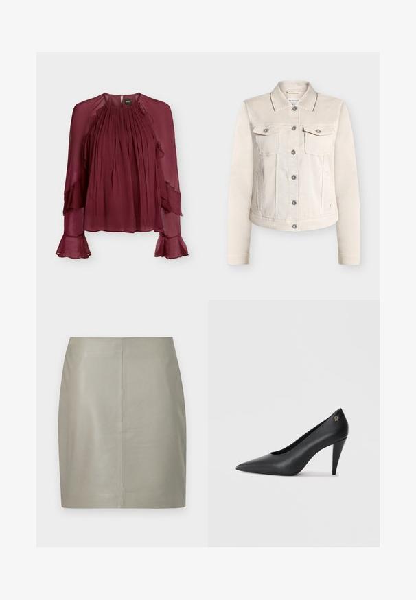 Veste en denim beige avec un col classique, deux poches poitrine et des boutons argentés. Caractérisée par des manches longues et une coupe droite.; Blouse bordeaux transparente à manches longues, devant plissé, détails volantés aux manches et encolure ronde avec fermeture boutonnée au dos.; Jupe en cuir beige longueur genou avec une coupe droite et une couture verticale centrale, présentée sur un fond blanc.; Escarpins noirs en cuir avec un bout pointu, un design épuré et un accent subtil de logo doré sur le talon, avec une texture lisse.