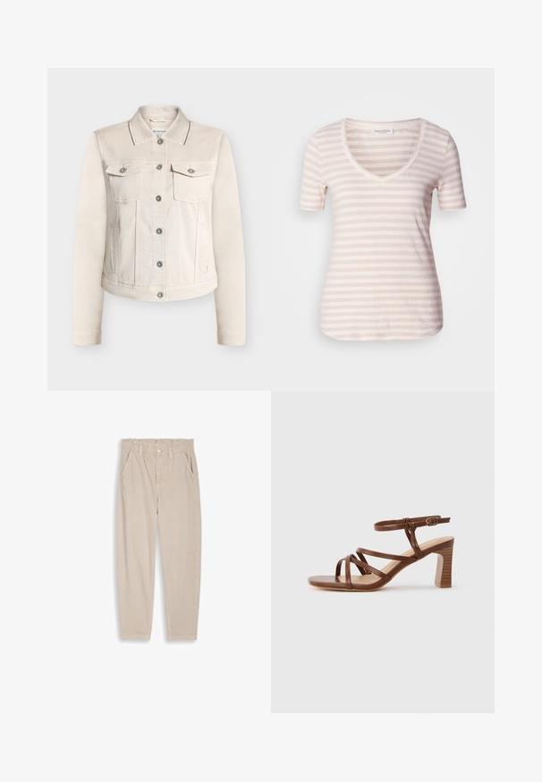 Veste en denim beige avec un col classique, deux poches poitrine et des boutons argentés. Caractérisée par des manches longues et une coupe droite.; T-shirt à manches courtes en V couleur beige clair avec de fines rayures blanches horizontales. Tissu doux avec une coupe décontractée et un ourlet arrondi.; Pantalon beige à jambes droites avec taille élastique, passants pour ceinture, fermeture par bouton et poches avant, présenté sur un fond uni.; Sandale en cuir marron à lanières avec un talon bloc et une boucle de cheville réglable sur un fond clair uni.