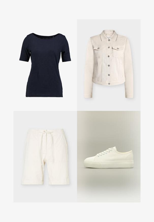 Beige Jeansjacke mit klassischem Kragen, zwei Brusttaschen und silbernen Knöpfen. Verfügt über lange Ärmel und ein gerades Schnittdesign.; Kragenloses T-Shirt aus Baumwolle in Marineblau mit kurzen Ärmeln. Es verfügt über einen U-Boot-Ausschnitt und einen lockeren Schnitt mit seitlichen Schlitzen für mehr Bewegungsfreiheit.; Off-white knielange Shorts mit elastischem Bund, Kordelzug, Fronttaschen und lockerer Passform aus leichtem Stoff.; Weißer flacher Canvas-Sneaker mit Schnürung vorne und dicker, strukturierter Gummisohle auf neutralem Hintergrund.