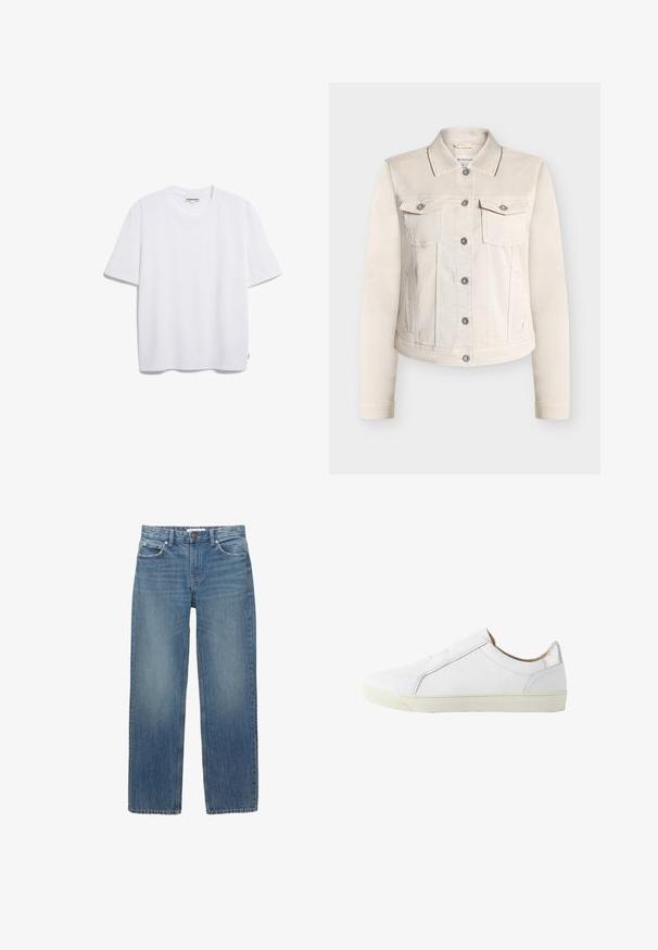 Beige Jeansjacke mit klassischem Kragen, zwei Brusttaschen und silbernen Knöpfen. Verfügt über lange Ärmel und ein gerades Schnittdesign.; Weißes Baumwoll-T-Shirt mit kurzen Ärmeln, runder Halslinie und lockerer Passform. Keine sichtbaren Muster oder Logos. Glatte Textur.; Hellblaue Jeans aus Denim mit geradem Schnitt, fünf Taschen und Beschlägen in Kupferfarbe. Der Stoff hat eine leichte Ausbleichung und eine glatte Textur.; Weißer flacher Leder-Sneaker mit seitlichem Reißverschluss, beigem Innenfutter und elfenbeinfarbener Gummisohle, von der Außenseite gezeigt.