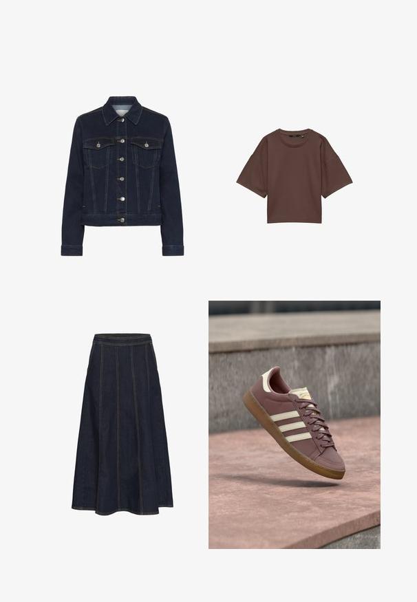 Mørkeblå denimjakke med lange ærmer, sølvfarvede knapper foran og to brystlommer med klap og knap.; Brun kortærmet cropped t-shirt med rund halsudskæring og afslappet pasform, vist på hvid baggrund.; Mørk denim A-line nederdel med bredtalje, synlig syning og svajet kant. Ingen lommer eller pyntedesign er til stede.; Pink lædersneaker med beige accenter, der har tre hvide striber, rund tå, brun gummisål og snørebånd. Klassisk design med syningsdetaljer.