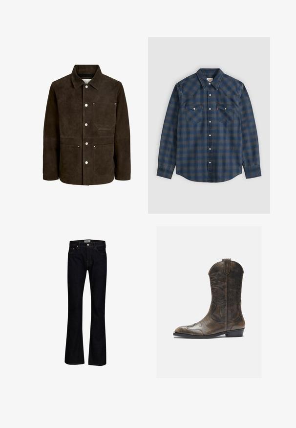 Donkerbruine suède jas met kraag, knoopsluiting en drie voorzakken met metalen klinknagels.; Blauw-grijs geruit overhemd met lange mouwen, een puntige kraag en twee borstzakken met knopen aan de voorkant.; Donkerblauwe flare jeans van denim met een gladde textuur. Beschikt over vijf zakken, messing hardware en contrasterende stiksels.; Bruine leren cowboylaars met een hoge schacht, spitse neus, ingewikkelde stikpatronen en een kleine hak. Gevarieerde afwerking overal.