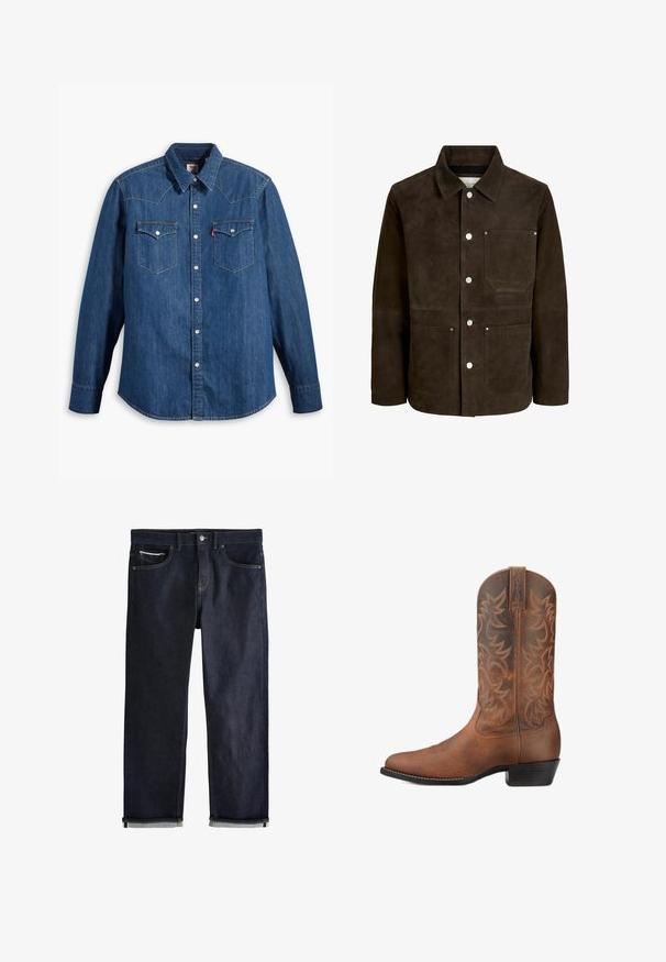 Mørkebrun ruskindsjakke med krave, knaplukning og tre forlommer med metalnitter foran.; Denim skjorte i mørkeblå med lange ærmer, spids krave og trykknapper. Har to brystlommer med klapper og kontrastsying.; Mørkeblå denimjeans med en klassisk lige pasform, der har fem lommer, knaplukning og op rullede manchetter, som viser en lys blå foring.; Brun læder cowboystøvle med syede dekorative mønstre og en lav stablet hæl, vist fra siden på en hvid baggrund.