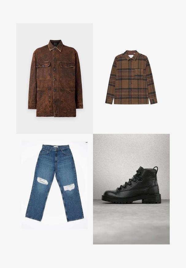 Brun denimjakke med fire frontlommer, knaplukning og en subtil slidt tekstur. Den har kontrastsying og en klassisk krave.; Brunternet skjorte lavet af blødt stof med lange ærmer, knaplukning, krave og en enkel brystlomme med flerfarvede striber.; Lyseblå denimjeans med lige ben, der har to slidte knælapper og standard fem-lomme design.; Sorte læderankelstøvler med tekstureret overdel, seks snørehuller og en robust sål. Har en hælkappe for nem påtagning.