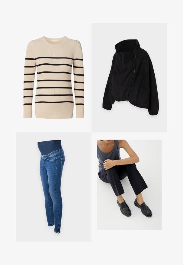 Sort fleecejakke med høj krave, lynlås foran og elastisk kant. Har en brystlomme og sidelommer. Blødt, struktureret stof.; Beige ribbet strik med lange ærmer, der har sorte vandrette striber. Textureret stof med rund halsudskæring og tætsiddende silhuet.; Graviditetsjeans i mørkeblå denim. Slim fit med et strækbart, støttende mavebånd. Har sidelommer med lynlås ved anklen.; Sorte læderloafers med teksturerede detaljer, lav hæl, rund tå og synlige syninger. Modellen bærer mørke bukser og en grå top.
