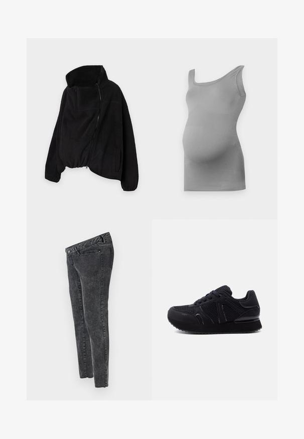 Chaqueta de forro polar negra con un alto cuello, cierre frontal con cremallera y dobladillo elástico. Cuenta con un bolsillo en el pecho y bolsillos laterales. Tejido suave y texturizado.; Top de maternidad gris, fabricado con un tejido suave y elástico. Cuenta con una tira ancha en el hombro y un diseño ajustado que resalta la barriga redonda.; MAMALICIOUS Slim fit Mid waist Raw hems - Vaqueros slim fit - grey denim; Zapatilla deportiva negra con paneles de malla y sintéticos, cierre de cordones en la parte delantera y suela gruesa con relieves, sobre un fondo gris liso.