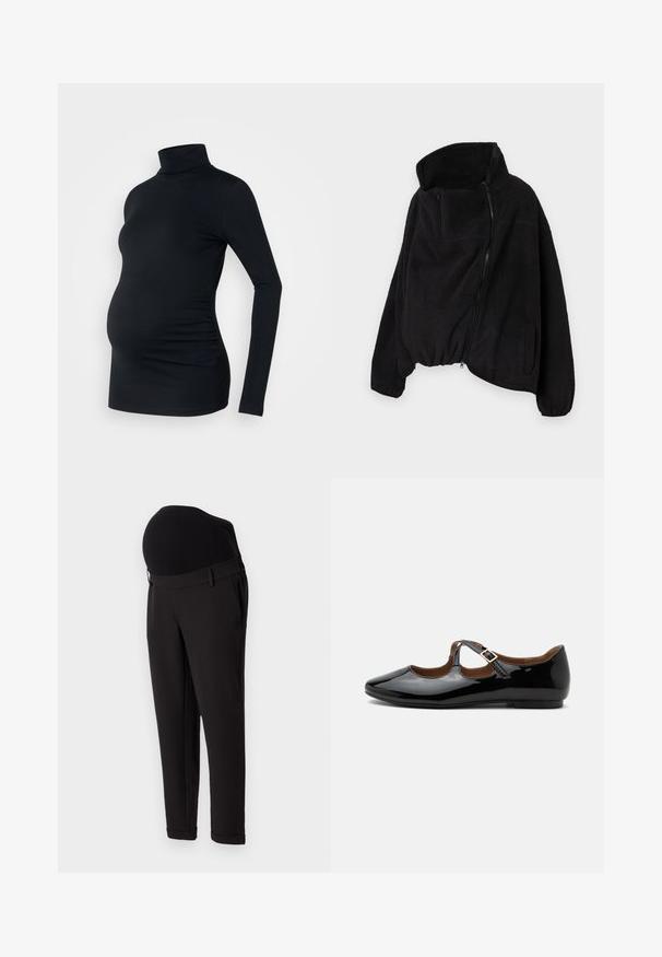 Chaqueta de forro polar negra con un alto cuello, cierre frontal con cremallera y dobladillo elástico. Cuenta con un bolsillo en el pecho y bolsillos laterales. Tejido suave y texturizado.; Top negro de manga larga con cuello de tortuga, fabricado con un material elástico, diseñado para adaptarse a una barriga de embarazada, con detalle de fruncido lateral.; Pantalones de maternidad negros con una cintura alta y elástica y un diseño de pierna ajustada. La tela tiene una textura suave con un ligero brillo.; Zapato plano Mary Jane de charol negro con dos recortes y una correa con hebilla dorada sobre fondo blanco.