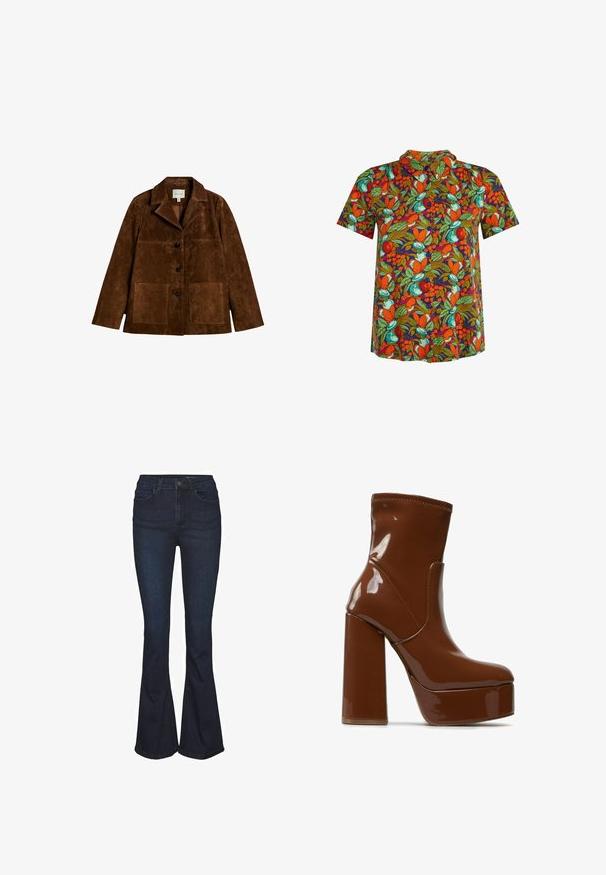 Chaqueta de ante marrón con tres botones negros, cuello ancho y dos bolsillos delanteros cosidos, colocada plana sobre fondo blanco.; Camisa de manga corta con botones y un vibrante patrón de frutas y hojas en naranja, verde y azul verdoso sobre fondo oscuro.; Jeans de mezclilla azul oscuro acampanados con cintura alta, con cinco bolsillos y detalles sutiles de costura. Textura suave con un diseño clásico.; Botín de plataforma de charol marrón con tacón ancho y punta redondeada, con altura media a la pantorrilla y acabado liso y brillante.