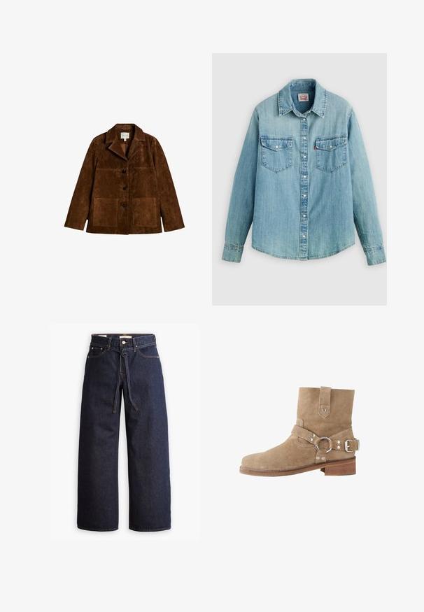 Bruine suède jas met drie zwarte knopen, brede kraag en twee voorzakken, plat op een witte achtergrond gelegd.; Lichtblauw denim overhemd met een klassieke kraag, knoopsluiting aan de voorkant, twee borstzakken en knoopmanchetten met een licht afgeronde zoom.; Wijd pijpjes donkerblauwe denim jeans met een hoge taille, voorzien van een trekkoord, vijf zakken en contrasterende stiksels.; Beige suède enkellaarsje met een afgeronde neus, een verstelbare band met metalen ring en een lage houten hak. Overal een gladde textuur.