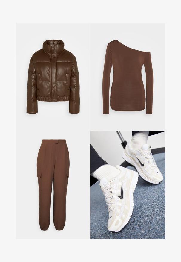 Abercrombie & Fitch ULTRA MINI PUFFER - Winterjacke - brown; Braun langärmliges Oberteil mit asymmetrischem Ausschnitt, das einseitig schulterfrei designt ist und eine glatte, figurbetonte Textur aufweist.; Envii COCONUT PANTS - Cargohose - chestnut; Weiße und beige Nike-Sneaker mit einem Obermaterial aus Mesh, strukturiertem Overlay, schwarzem Swoosh und einer gepolsterten Sohle mit rutschfester Außensohle.