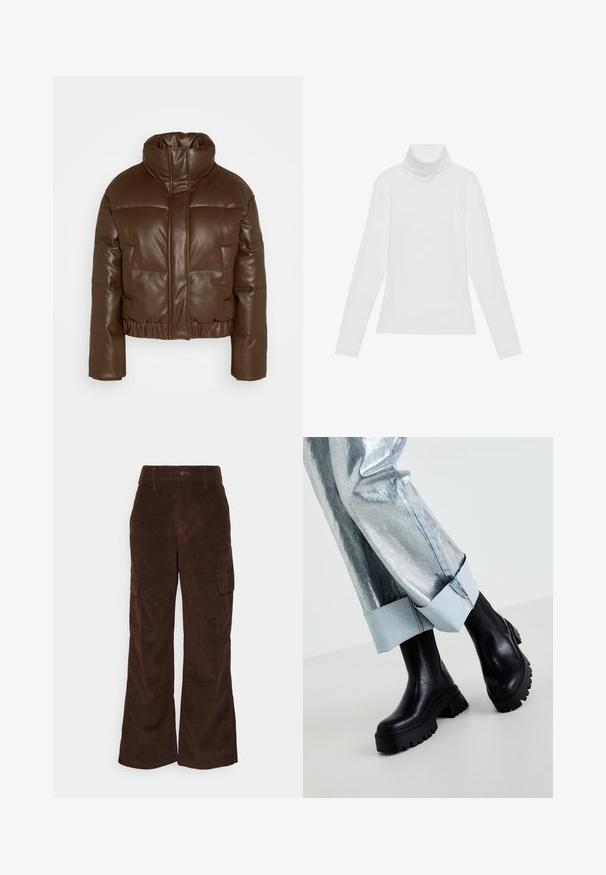 Abercrombie & Fitch ULTRA MINI PUFFER - Zimná bunda - brown; Biely dlhý rukáv v štýle roláka vyrobený z hladkej, elastickej tkaniny. Má vysoký golier a priliehavý strih, bez viditeľných vzorov alebo ozdôb.; Hollister Co. Nohavice - chicory; Čierne masívne členkové topánky s textúrovanými podrážkami, nosené so striebornými metalickými nohavicami s svetlomodrým manžetovým okrajom. Minimalistický dizajn, elegantné materiály.