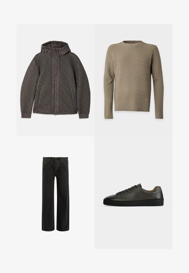 Gequiltete dunkelgraue Jacke mit Kapuze, die ein geometrisches Muster aufweist, einen vollständigen Reißverschluss und elastische Bündchen hat. Weicher, strukturierter Stoff.; Hellbrauner Strickpullover mit Diamantmuster, langen Ärmeln, gerippten Bündchen, Saum und Rundhalsausschnitt auf einfarbigem Hintergrund.; Schwarze, weit geschnittene Jeans aus Denim mit hoher Taille, im klassischen Fünf-Taschen-Design und subtilem Verblassen für eine strukturierte Optik.; Niedriger dunkelgrauer Ledersneaker mit schwarzen Schnürsenkeln und Sohle, minimalistisches Design, Seitenprofil vor einem schlichten hellen Hintergrund.
