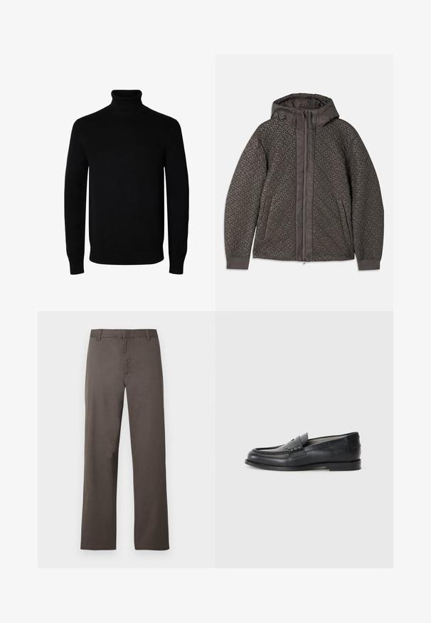 Chaqueta acolchada gris oscuro con capucha, que presenta un patrón geométrico, cierre de cremallera completa y puños elásticos. Tejido suave y texturizado.; Jersey negro de cuello alto y manga larga con puños y dobladillo acanalados, mostrado sobre un fondo blanco liso.; Pantalones de algodón marrón con diseño de pierna recta, con trabillas para cinturón y textura suave. Sin patrones visibles ni detalles de herrajes.; Mocasines de cuero negro con un acabado suave, punta redonda, tira decorativa y diseño minimalista. Presentan un bajo tacón cuadrado.