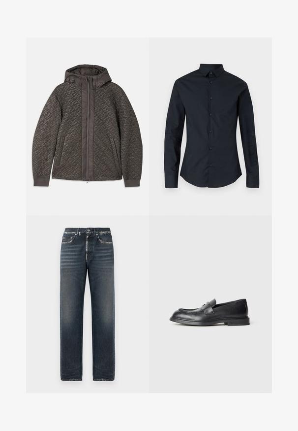 Gequiltete dunkelgraue Jacke mit Kapuze, die ein geometrisches Muster aufweist, einen vollständigen Reißverschluss und elastische Bündchen hat. Weicher, strukturierter Stoff.; Schwarzes Langarmhemd mit spitzem Kragen, Knopfverschluss auf der Vorderseite und slim-fit Schnitt. Hergestellt aus glattem Stoff, mit dezentem Logo-Stick. ; Dunkelblaue Denim-Jeans mit entspannter Passform, dezent ausgewaschen, mit geradem Bein und klassischem Fünf-Taschen-Design.; Schwarze Lederloafer mit strukturierter Oberfläche, versehen mit einem dekorativen Frontriemen und einer abgerundeten Spitze. Gummisohle für Langlebigkeit.