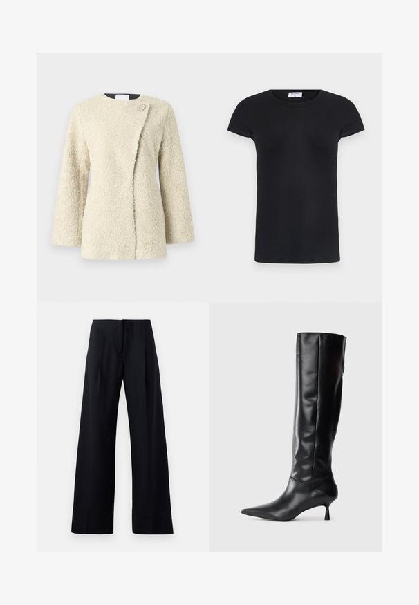 Cremefarbene, strukturierte Fleecejacke mit langen Ärmeln, rundem Halsausschnitt und asymmetrischer Vorderseite, die durch einen einzigen Metallknopf nahe dem Kragen geschlossen wird.; Schwarzes geripptes T-Shirt mit rundem Halsausschnitt und kurzen Ärmeln. Weicher Stoff mit figurbetonter Passform, ausgestattet mit einem Etikett am Hals.; Schwarze, gestreifte Hose mit weitem Bein, die scharfe Falten und einen sauberen Abschluss aufweist. Hergestellt aus einem glatten, leichten Stoff.; Schwarze Lederstiefel bis zum Knie mit spitzem Zehenbereich und schmalem, geschwungenem Absatz. Glatte Textur, enganliegendes Design und keine sichtbaren Beschläge oder Muster.