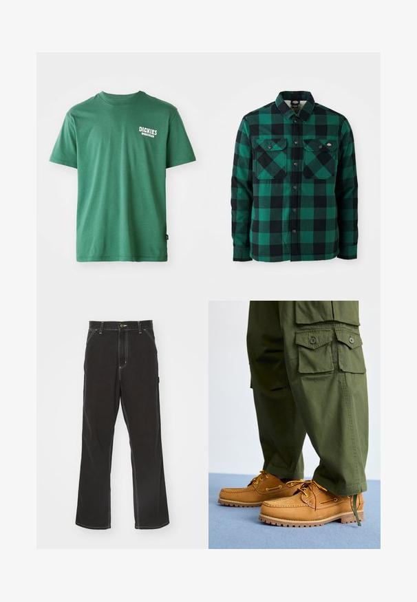 Camisa de franela a cuadros verde y negra con cuello abotonado, dos bolsillos en el pecho y cierres a presión de metal negro. Textura suave.; Camiseta de algodón verde con cuello redondo, mangas cortas y un logo blanco en el lado izquierdo del pecho. Textura suave y corte relajado.; Pantalones de mezclilla negros con corte recto, costuras blancas en contraste, bolsillos frontales y cierre de botón en la cintura.; Timberland AUTHENTIC 3 EYE - Náuticos - wheat