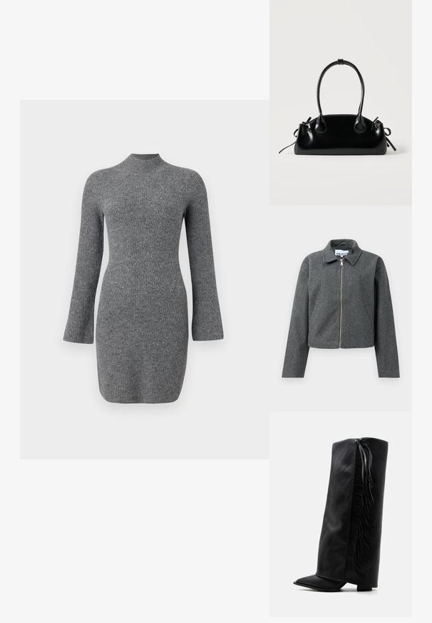 Veste grise courte en matière texturée. Dotée d'une fermeture éclair sur le devant, d'un col pointu et de poches latérales. Design simple, sans motifs.; Robe grise tricotée avec un col haut, des manches longues et une silhouette ajustée. Présente une texture en côtes verticales. Ourlet court.; Botte noire en cuir montante jusqu’au genou avec bout pointu et franges décoratives le long du côté extérieur sur fond blanc uni.; Petit sac à main noir brillant avec deux longues anses et des détails à cordon sur les côtés sur un fond clair uni.