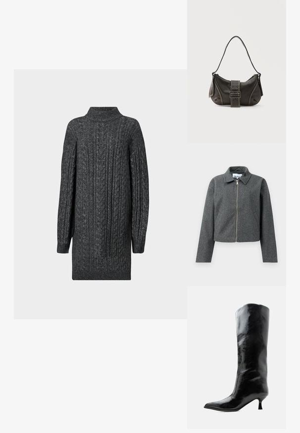 Veste grise courte en matière texturée. Dotée d'une fermeture éclair sur le devant, d'un col pointu et de poches latérales. Design simple, sans motifs.; Robe pull longue en tricot à côtes gris foncé avec un col montant, des poignets et un ourlet côtelés sur fond blanc.; Botte en cuir noire brillante, haute jusqu'au genou, avec bout pointu et talon bas courbé sur un fond clair uni.; Sac à épaule en cuir noir avec une sangle à boucle, des bords arrondis et des coutures blanches contrastées sur un fond uni.